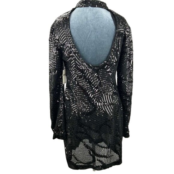NWT Anthropologie Maeve Womens Large Dress Mini Sequin Mock Neck Black Open Back - Picture 8 of 16